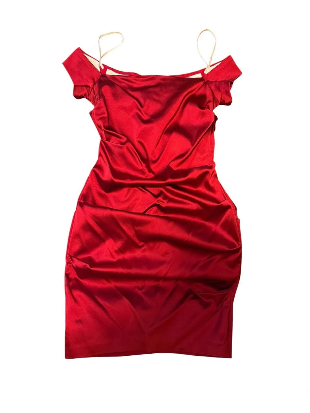 Betsy & Adam Satin Off-Shoulder Mini Dress in Wine Red